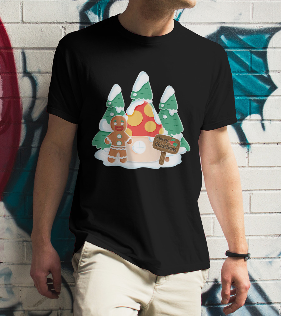 Merry Christmas Gingerman House With Snowy Trees And Mushroom Roof T-Shirt