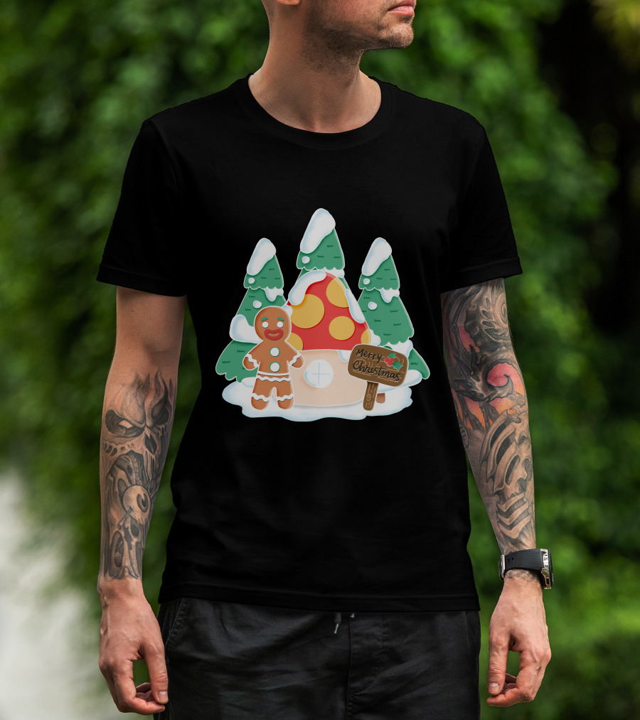 Merry Christmas Gingerman House With Snowy Trees And Mushroom Roof T-Shirt