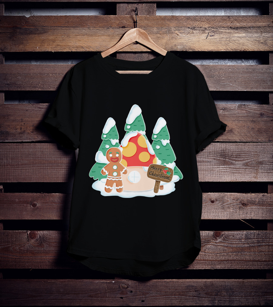 Merry Christmas Gingerman House With Snowy Trees And Mushroom Roof T-Shirt