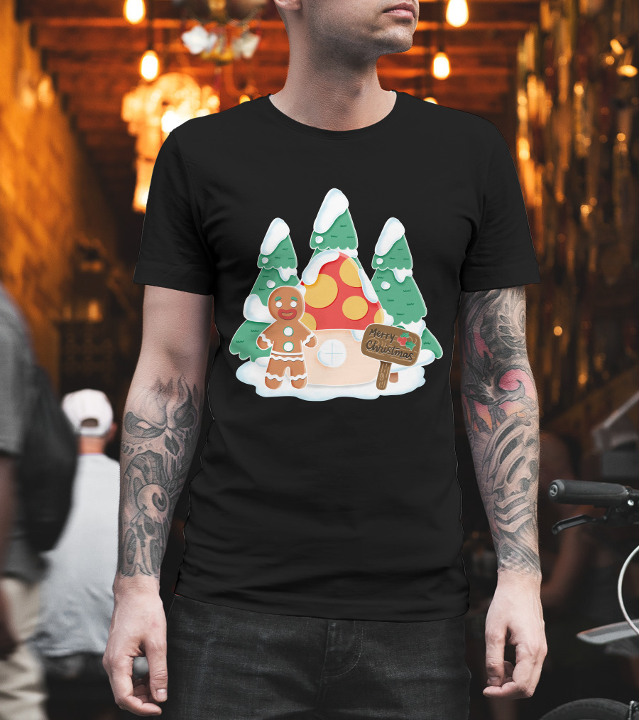 Merry Christmas Gingerman House With Snowy Trees And Mushroom Roof T-Shirt