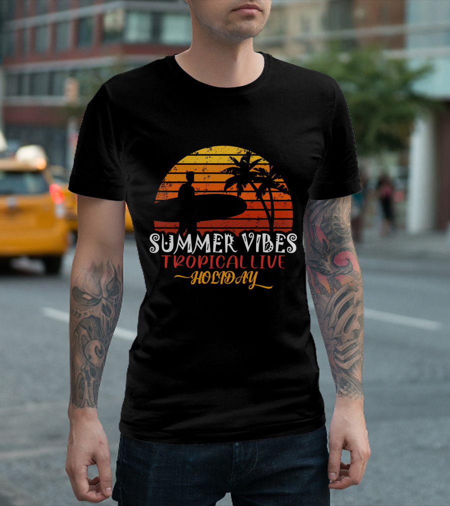 Summer Vibes Tropical Live Holiday Surfer Sunset Palms T-Shirt