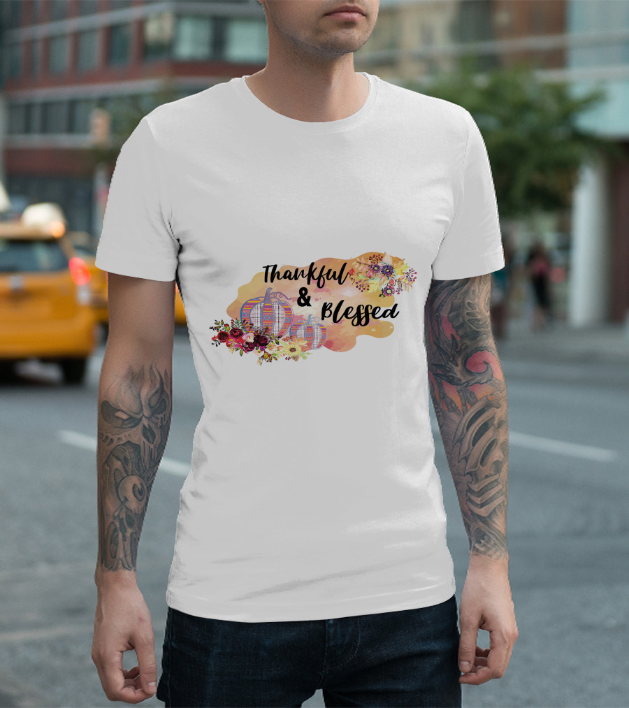 Thankful And Blessed Floral Watercolor Pumpkins T-Shirt