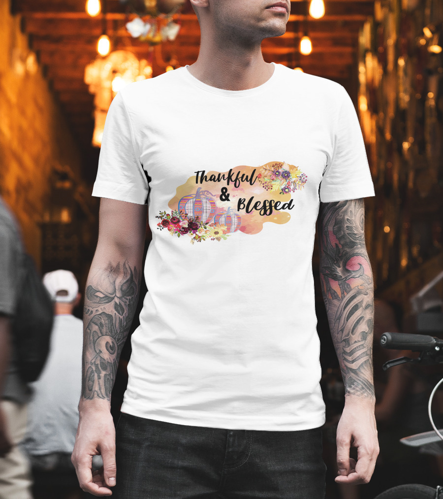 Thankful And Blessed Floral Watercolor Pumpkins T-Shirt