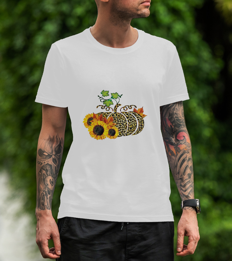 Thanksgiving Leopard Pumpkin Sunflowers And Leaves T-Shirt