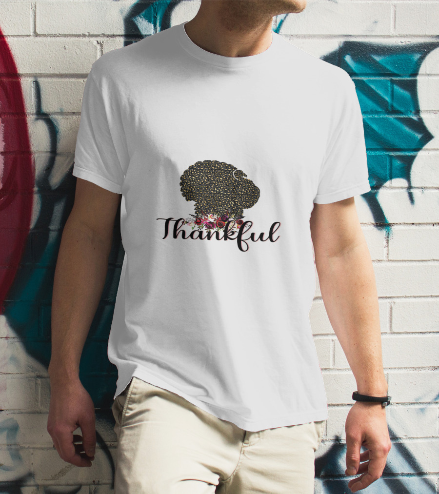 Thankful Leopard Print Turkey With Floral Accents T-Shirt