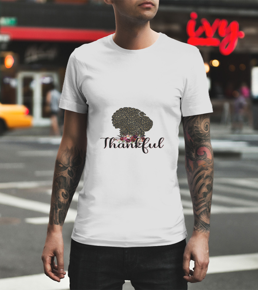 Thankful Leopard Print Turkey With Floral Accents T-Shirt