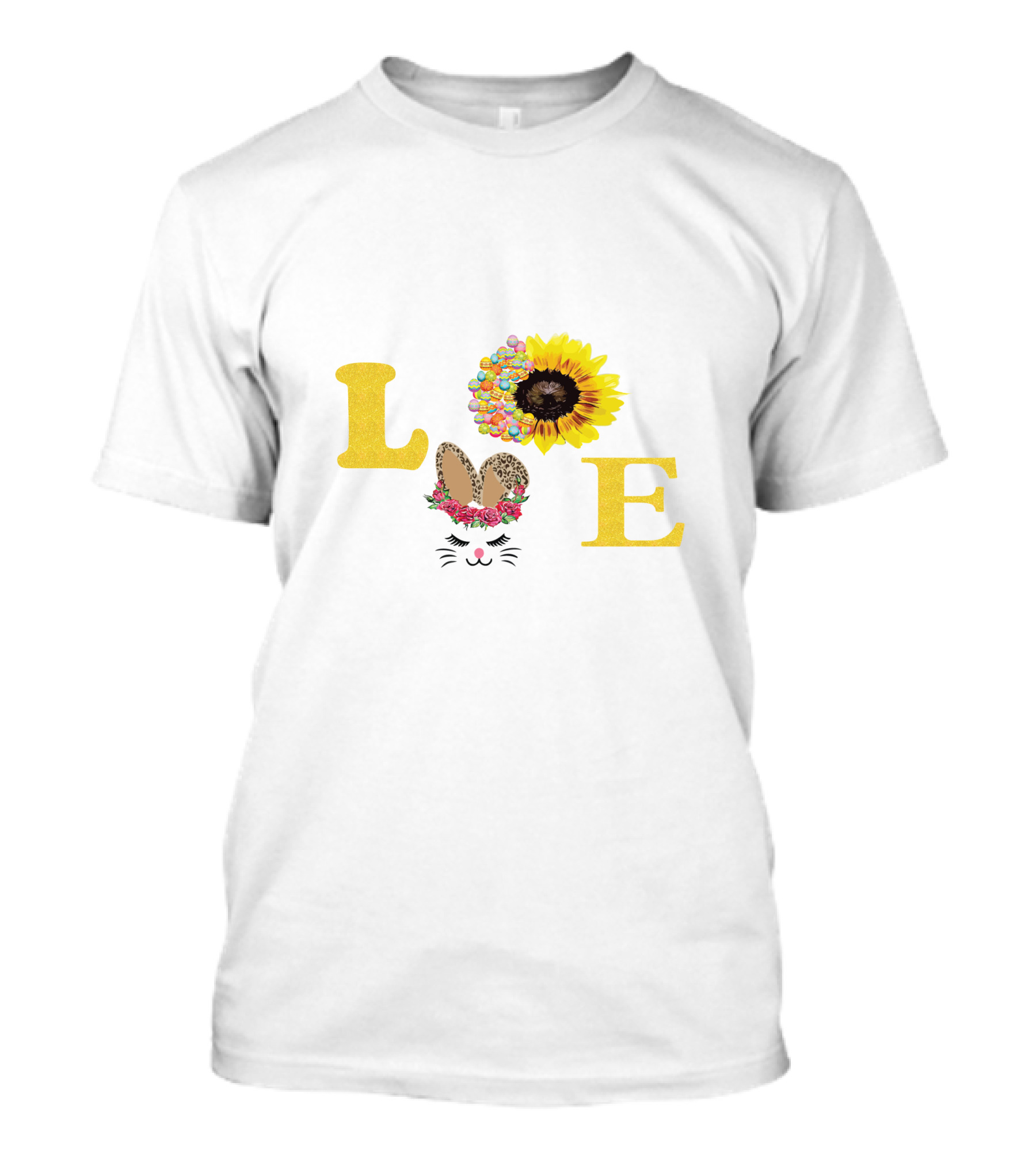 Love Sunflower Bunny With Floral Ears And Cheetah Print Bow T-Shirt