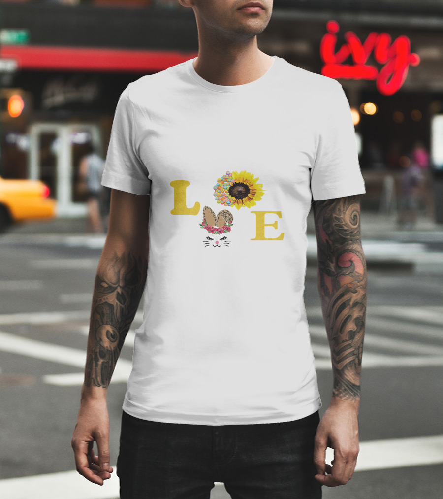 Love Sunflower Bunny With Floral Ears And Cheetah Print Bow T-Shirt