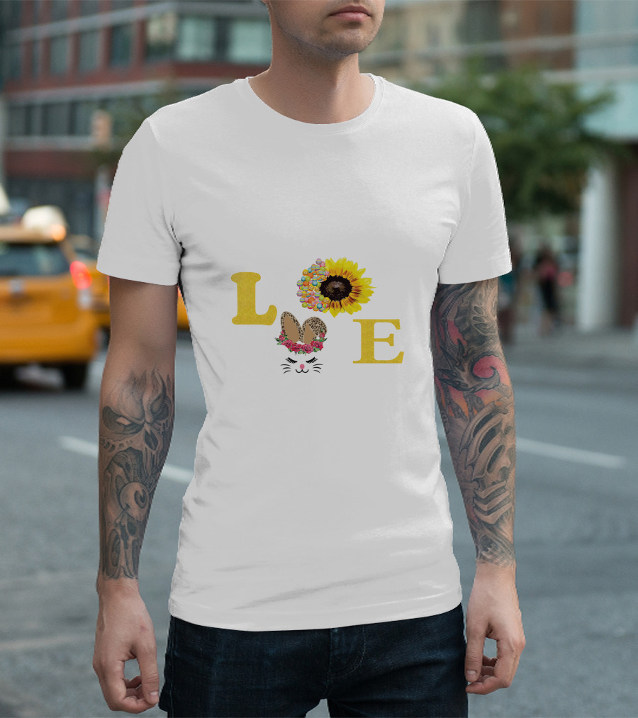 Love Sunflower Bunny With Floral Ears And Cheetah Print Bow T-Shirt