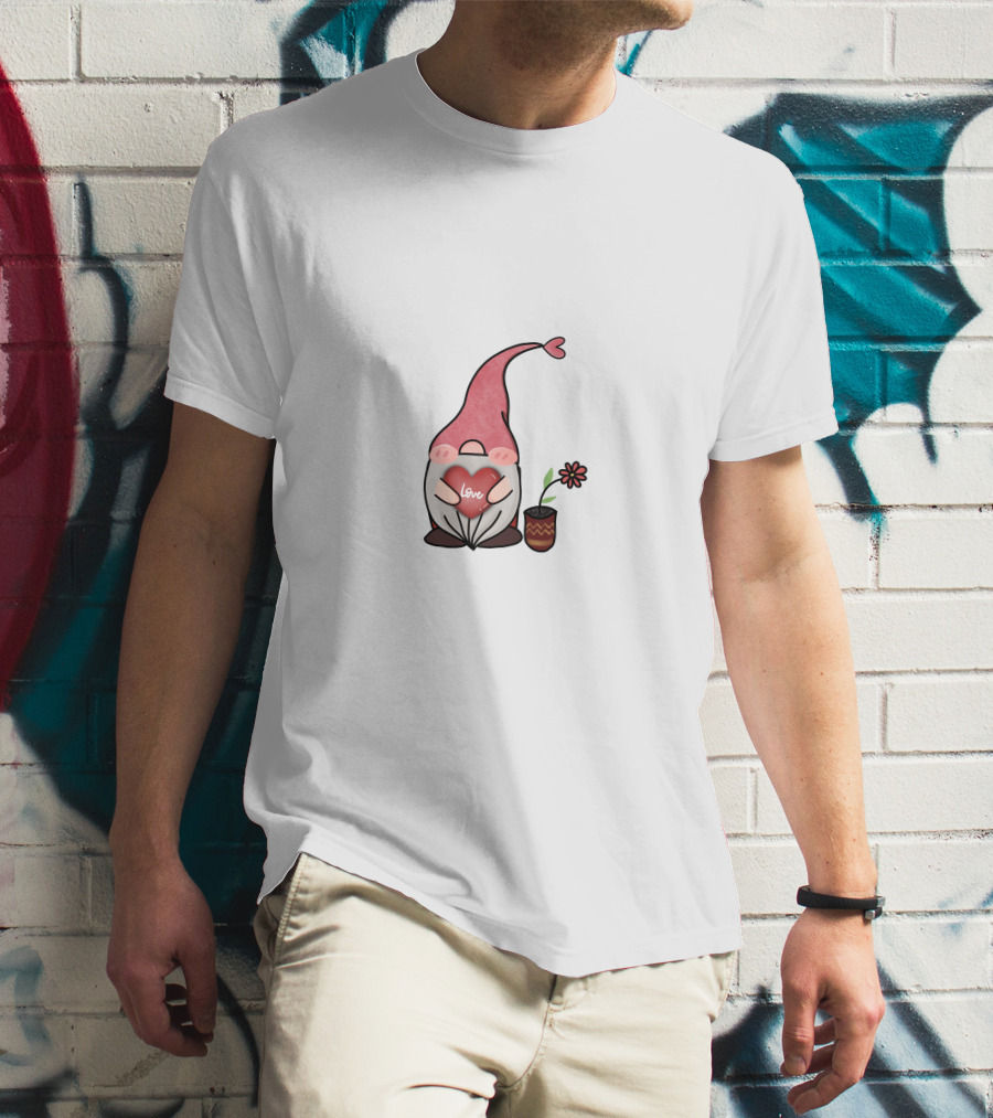 Love Heart Gnome With Flower Pot T-Shirt
