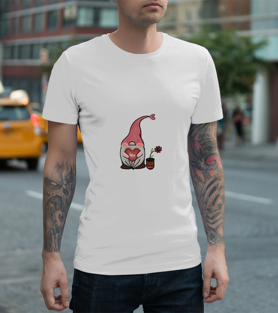 Love Heart Gnome With Flower Pot T-Shirt