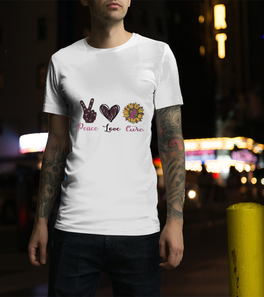 Peace Love Cure Breast Cancer Sunflower Heart And Peace Sign T-Shirt