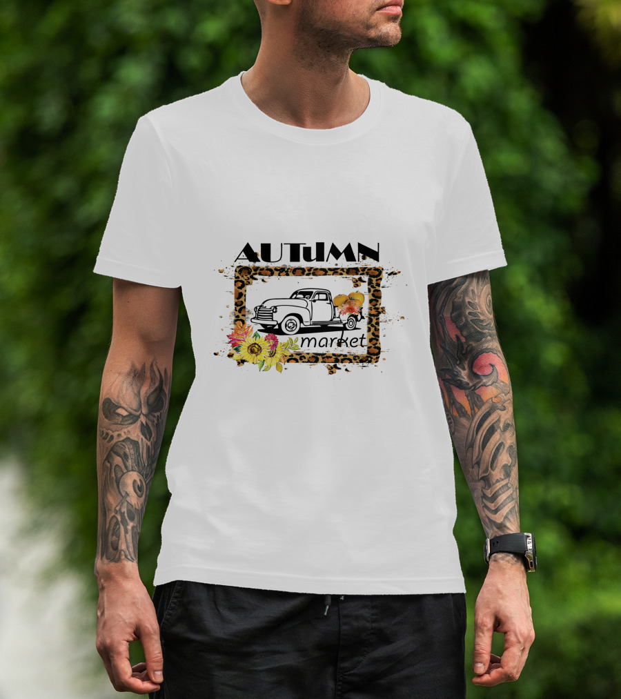 Autumn Market Vintage Truck With Pumpkins And Flowers T-Shirt