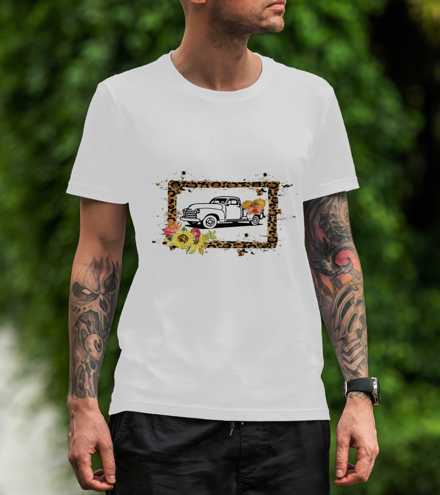 Truck With Pumpkins And Leopard Print Frame With Sunflowers T-Shirt