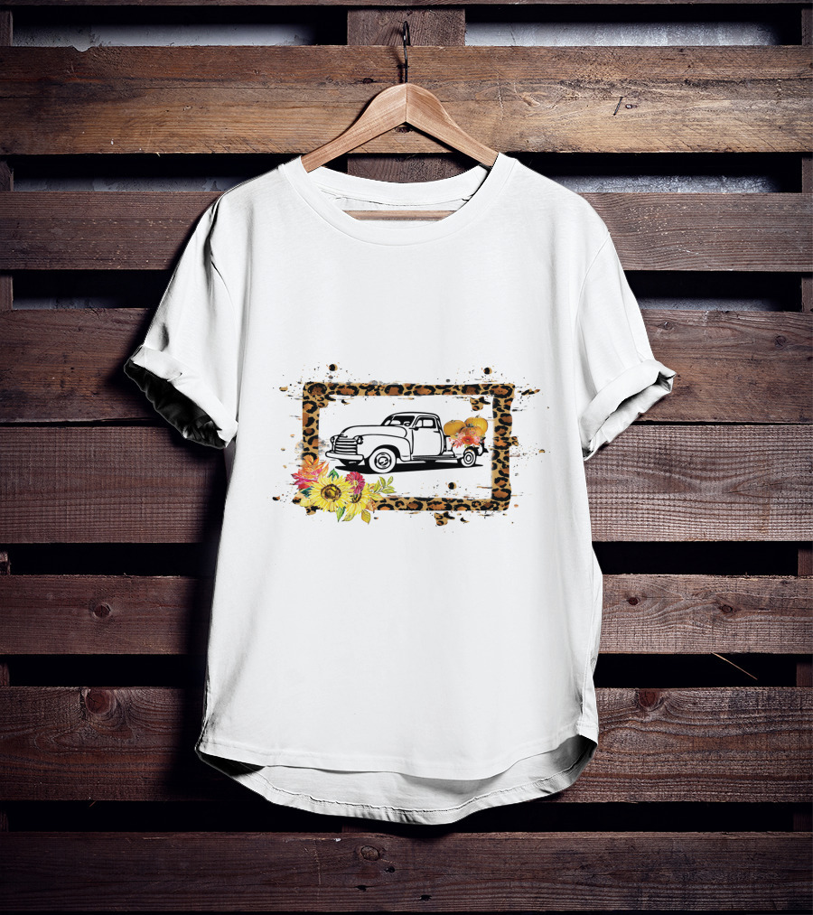 Truck With Pumpkins And Leopard Print Frame With Sunflowers T-Shirt