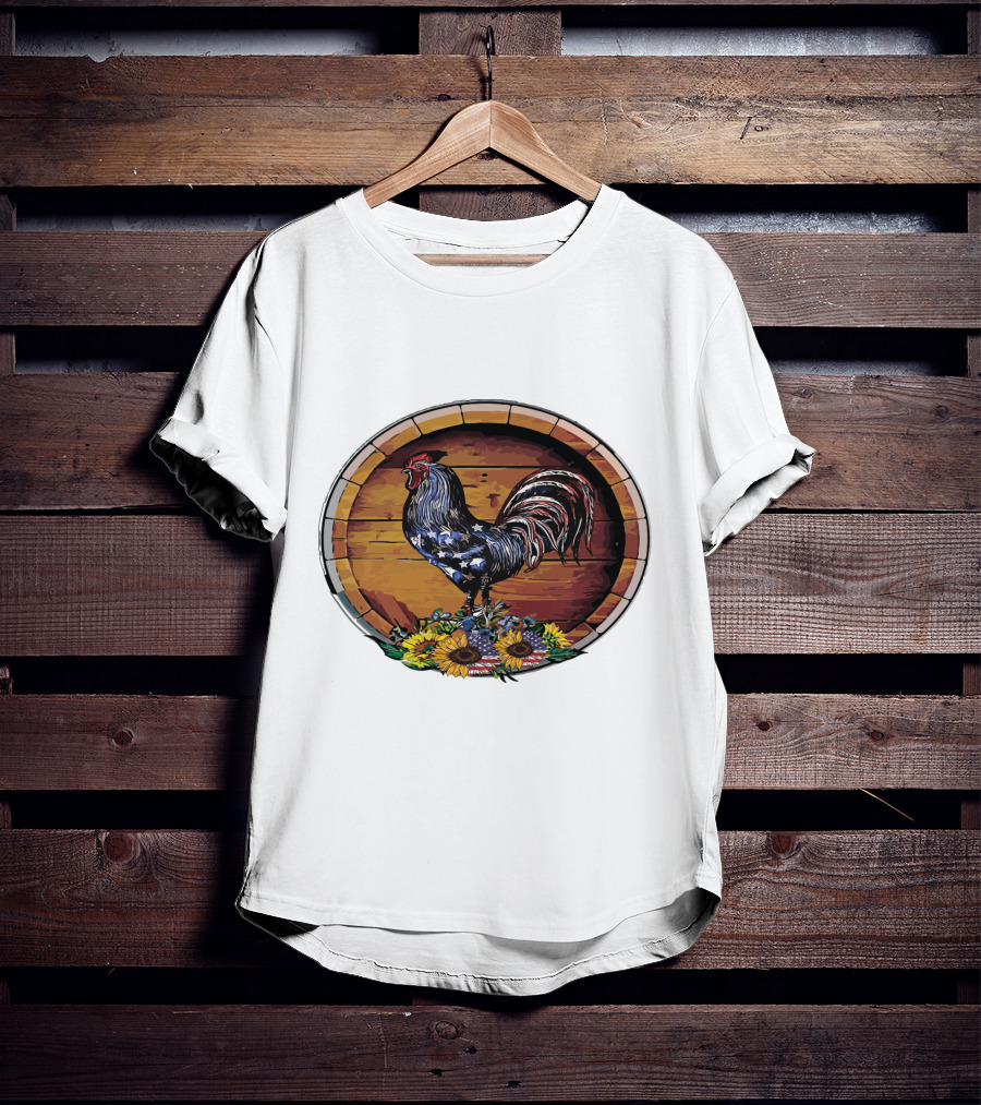 USA Rooster On Wine Barrel With Sunflowers T-Shirt