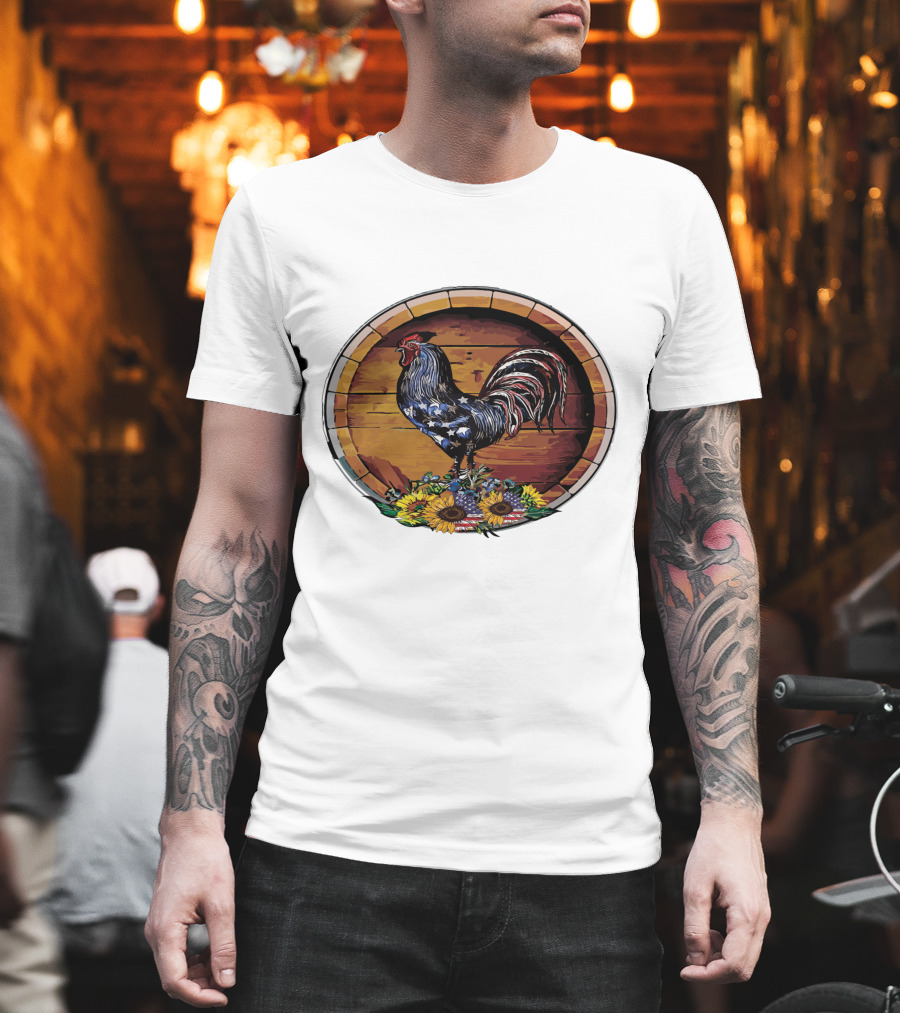 USA Rooster On Wine Barrel With Sunflowers T-Shirt