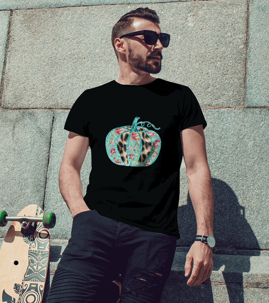 Turquoise Floral Leopard Pumpkin Thanksgiving T-Shirt