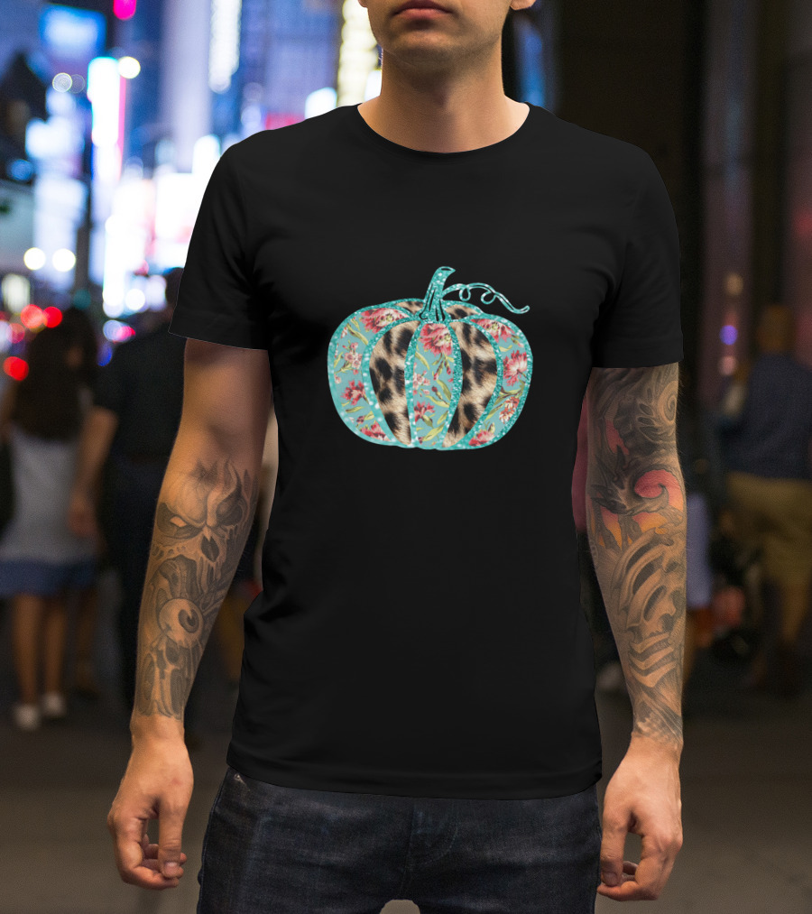 Turquoise Floral Leopard Pumpkin Thanksgiving T-Shirt