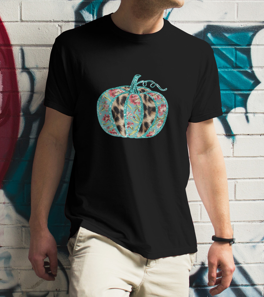 Turquoise Floral Leopard Pumpkin Thanksgiving T-Shirt