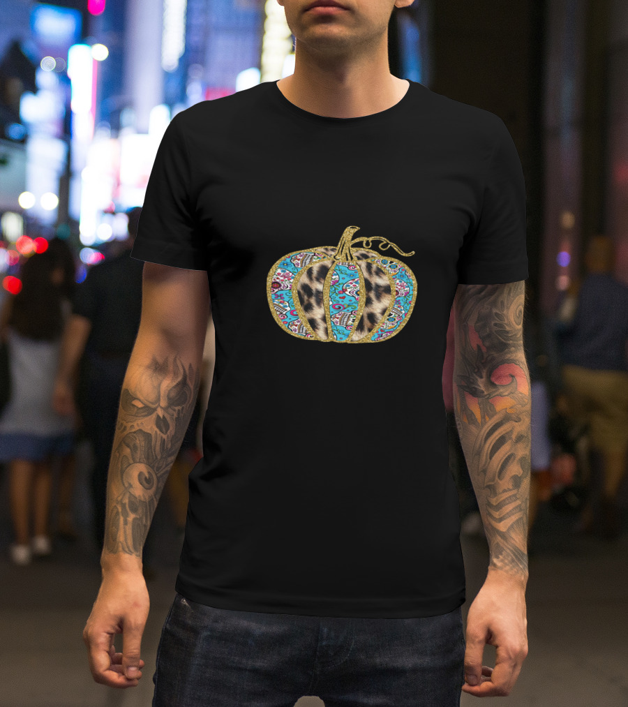Leopard Turquoise Sugar Skull Pattern Pumpkin T-Shirt