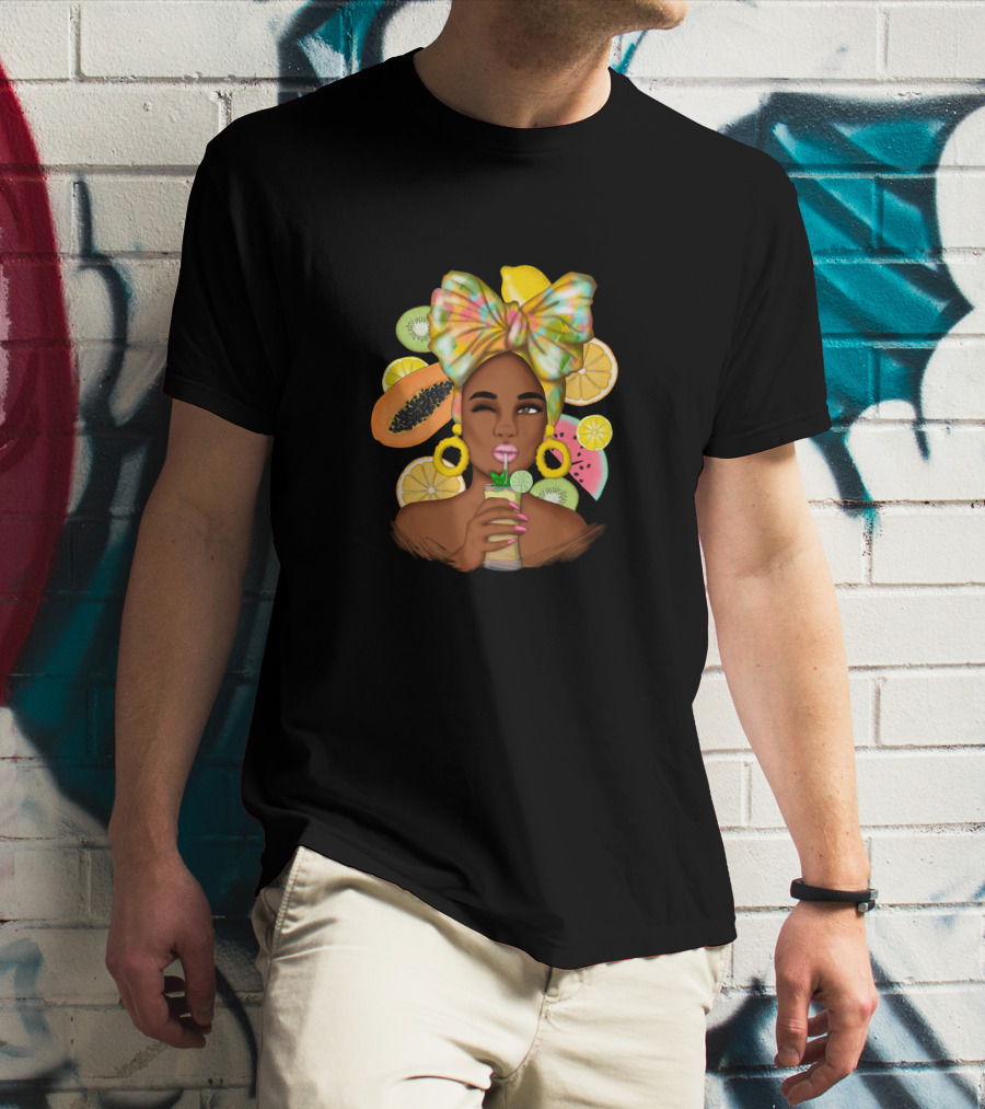 Fruit Design Afro Woman With Colorful Headwrap And Tropical Fruits T-Shirt