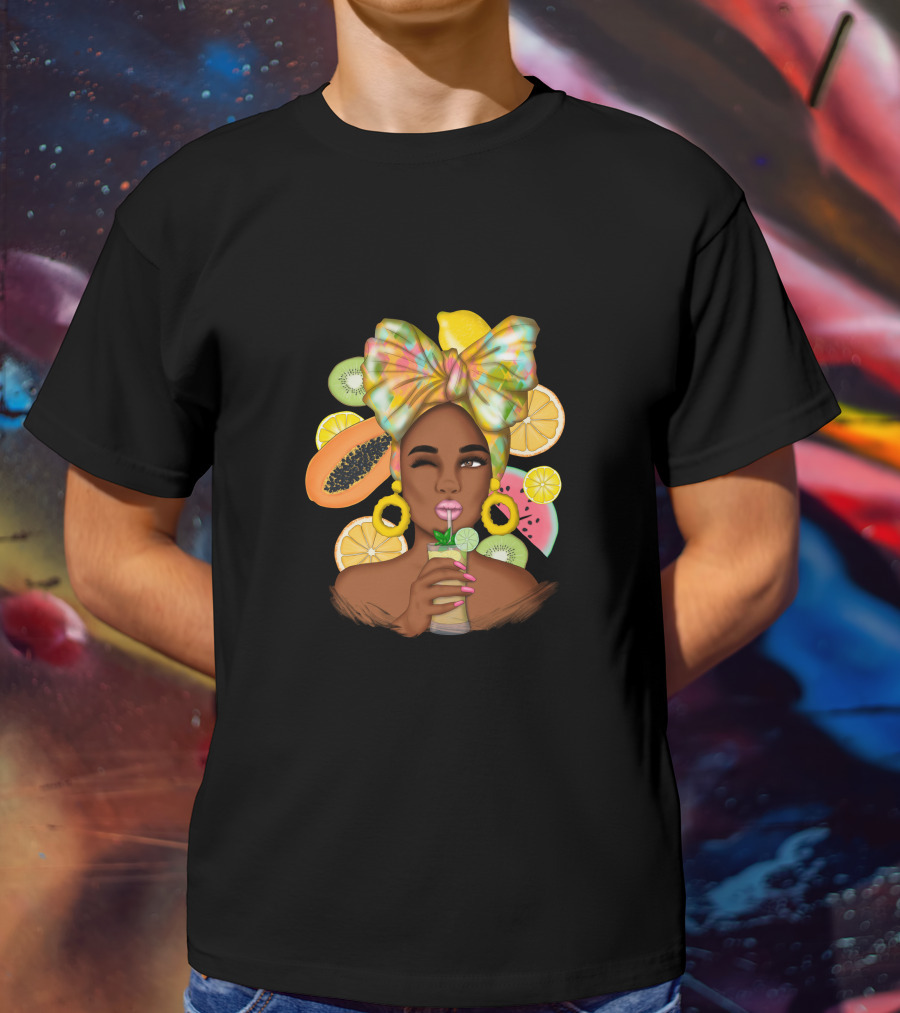 Fruit Design Afro Woman With Colorful Headwrap And Tropical Fruits T-Shirt