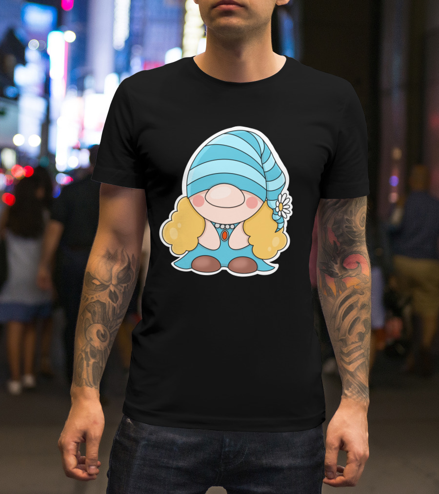 Gnome Sticker Blue Hat Daisy Blonde Hair Cute Comic T-Shirt