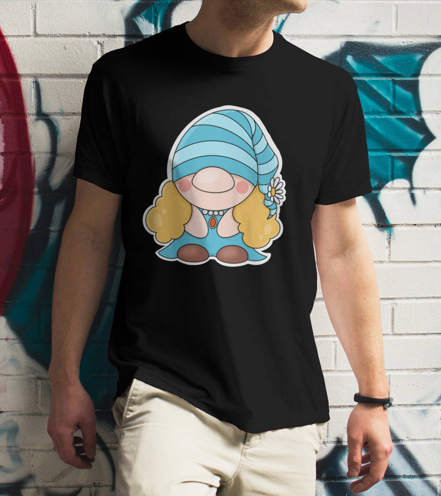 Gnome Sticker Blue Hat Daisy Blonde Hair Cute Comic T-Shirt