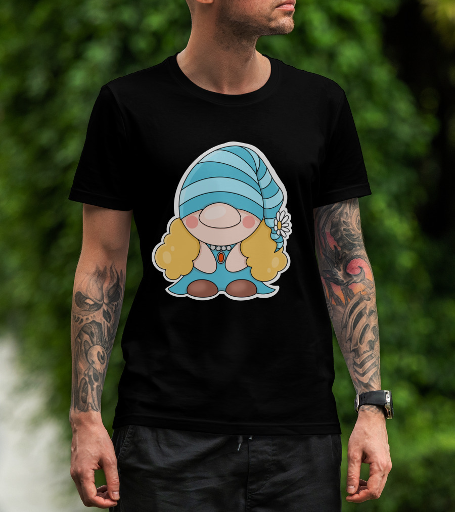 Gnome Sticker Blue Hat Daisy Blonde Hair Cute Comic T-Shirt