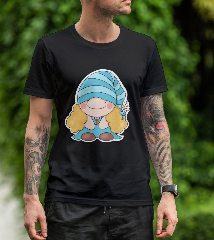 Gnome Sticker Blue Hat Daisy Blonde Hair Cute Comic T-Shirt