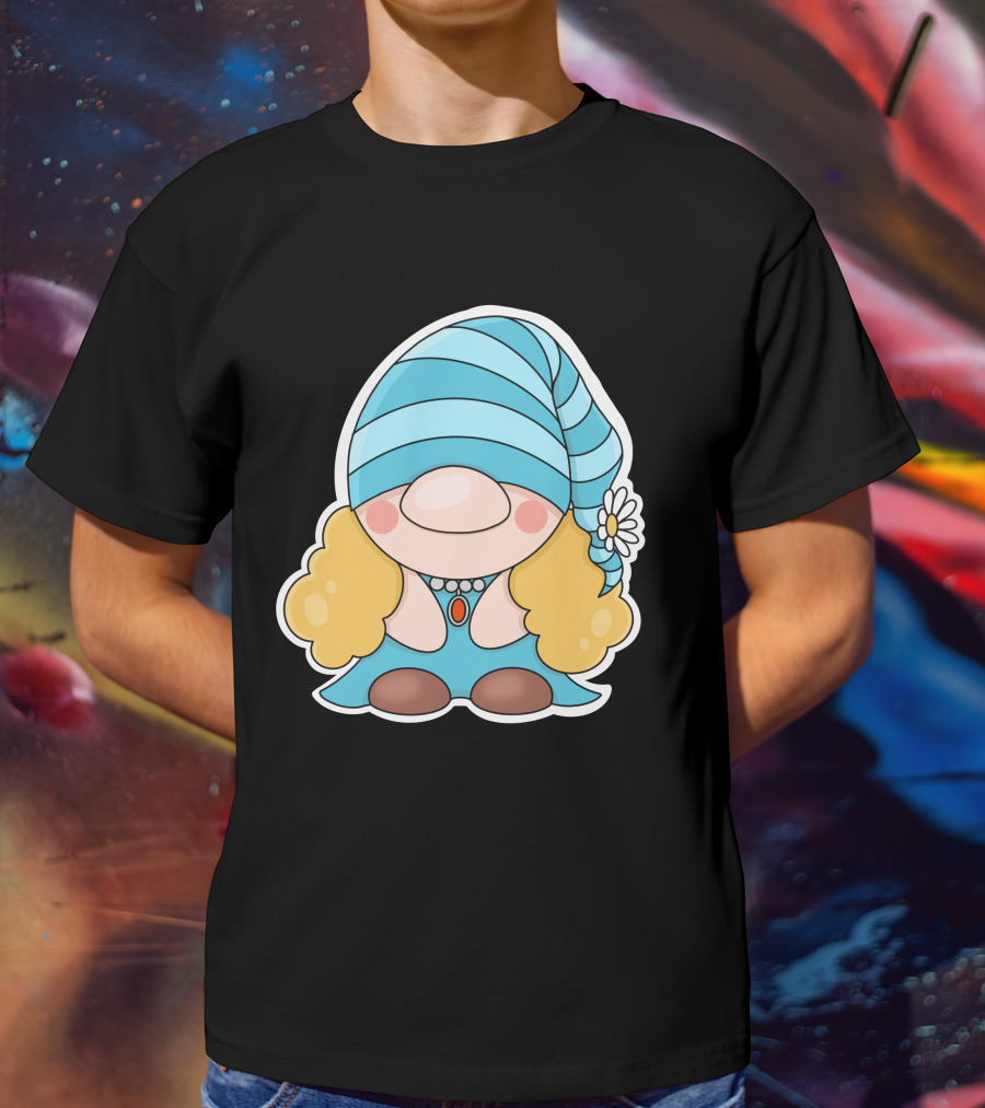 Gnome Sticker Blue Hat Daisy Blonde Hair Cute Comic T-Shirt