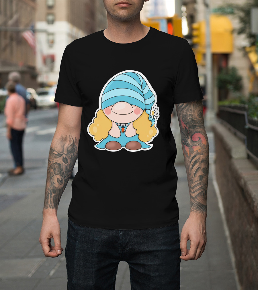 Gnome Sticker Blue Hat Daisy Blonde Hair Cute Comic T-Shirt