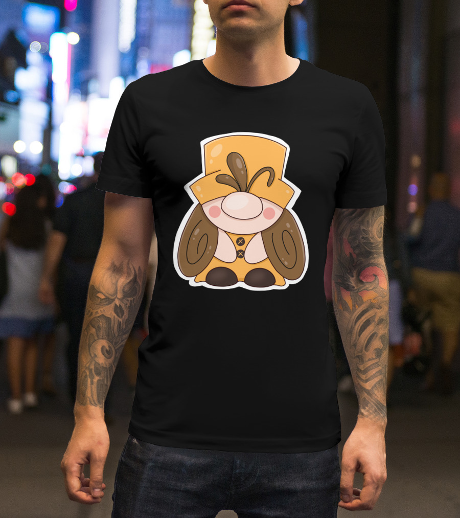 Gnome Vibes Whimsical Yellow Hat Brown Twirls T-Shirt
