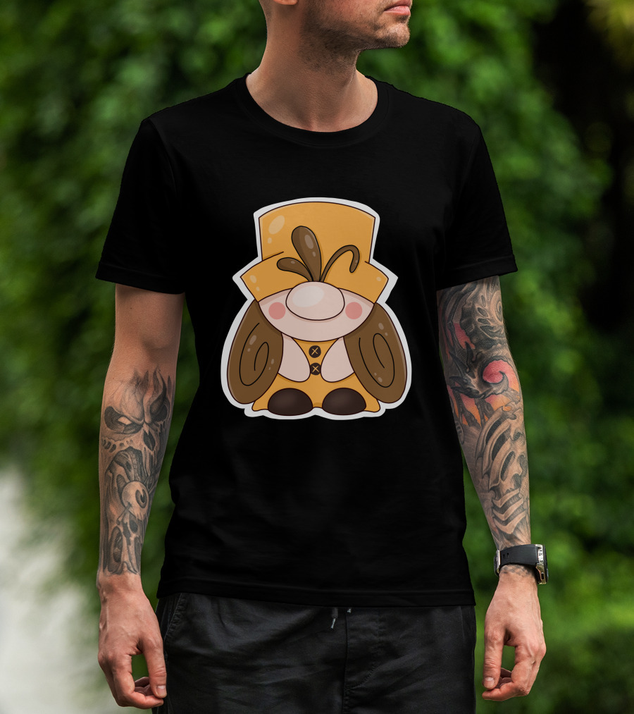 Gnome Vibes Whimsical Yellow Hat Brown Twirls T-Shirt