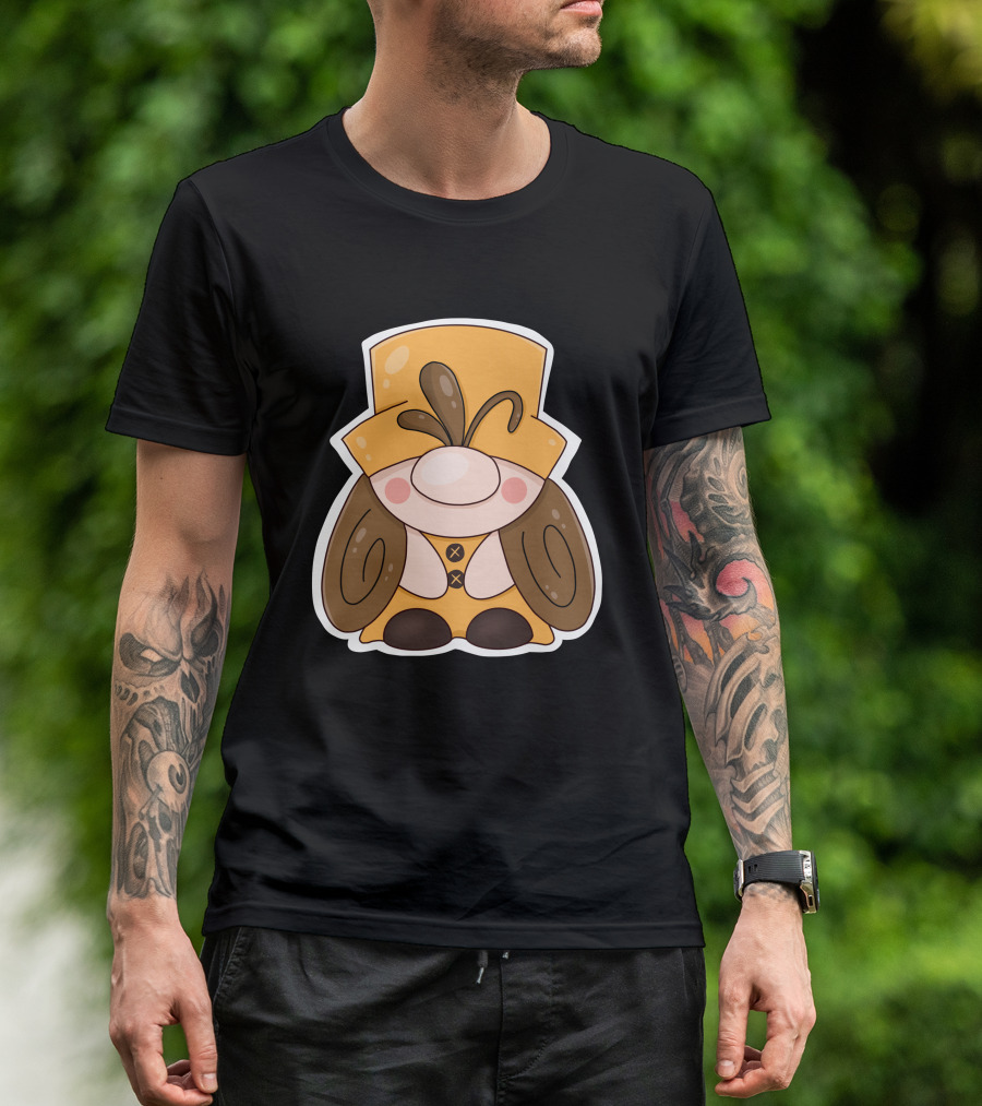 Gnome Vibes Whimsical Yellow Hat Brown Twirls T-Shirt