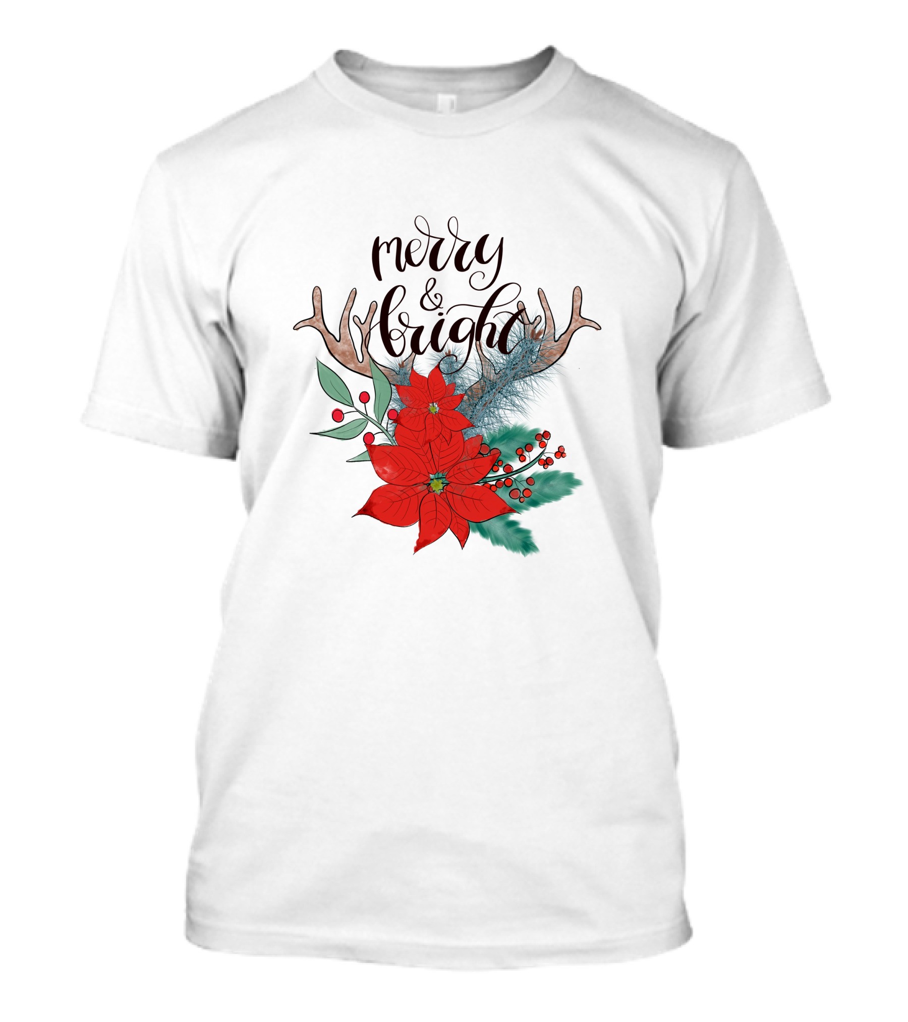Merry And Bright Antler Poinsettia Christmas Florals T-Shirt