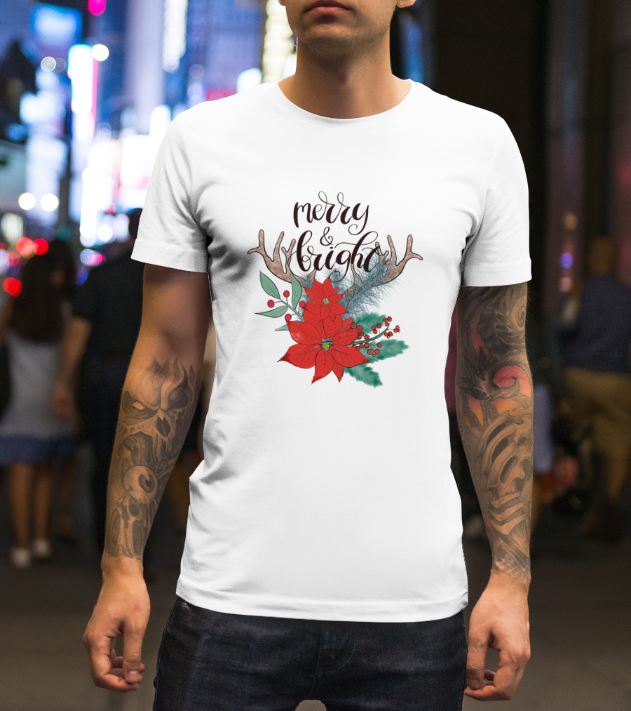 Merry And Bright Antler Poinsettia Christmas Florals T-Shirt