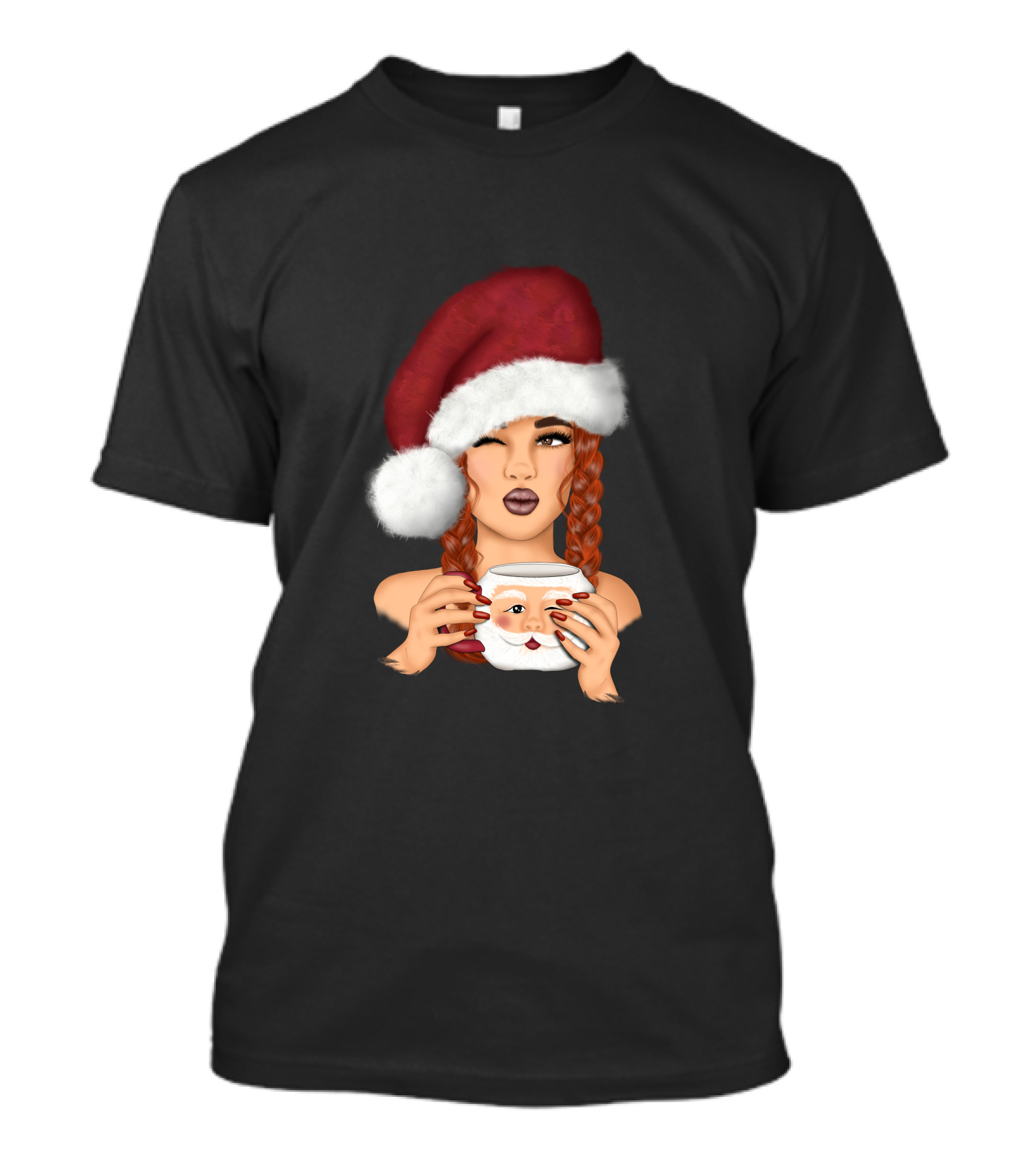 Christmas Red Hair Girl With Santa Hat And Santa Mug T-Shirt