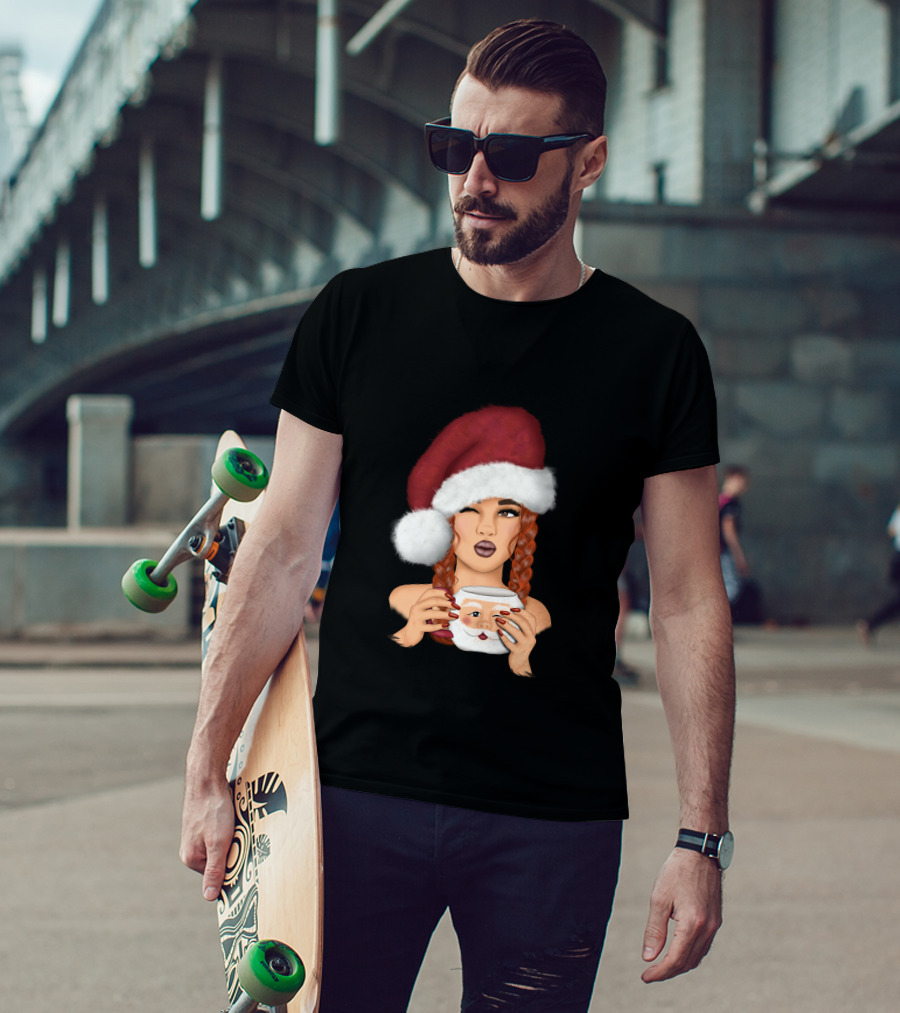 Christmas Red Hair Girl With Santa Hat And Santa Mug T-Shirt