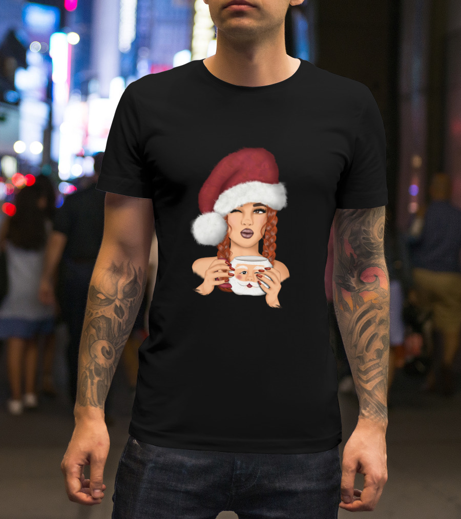 Christmas Red Hair Girl With Santa Hat And Santa Mug T-Shirt