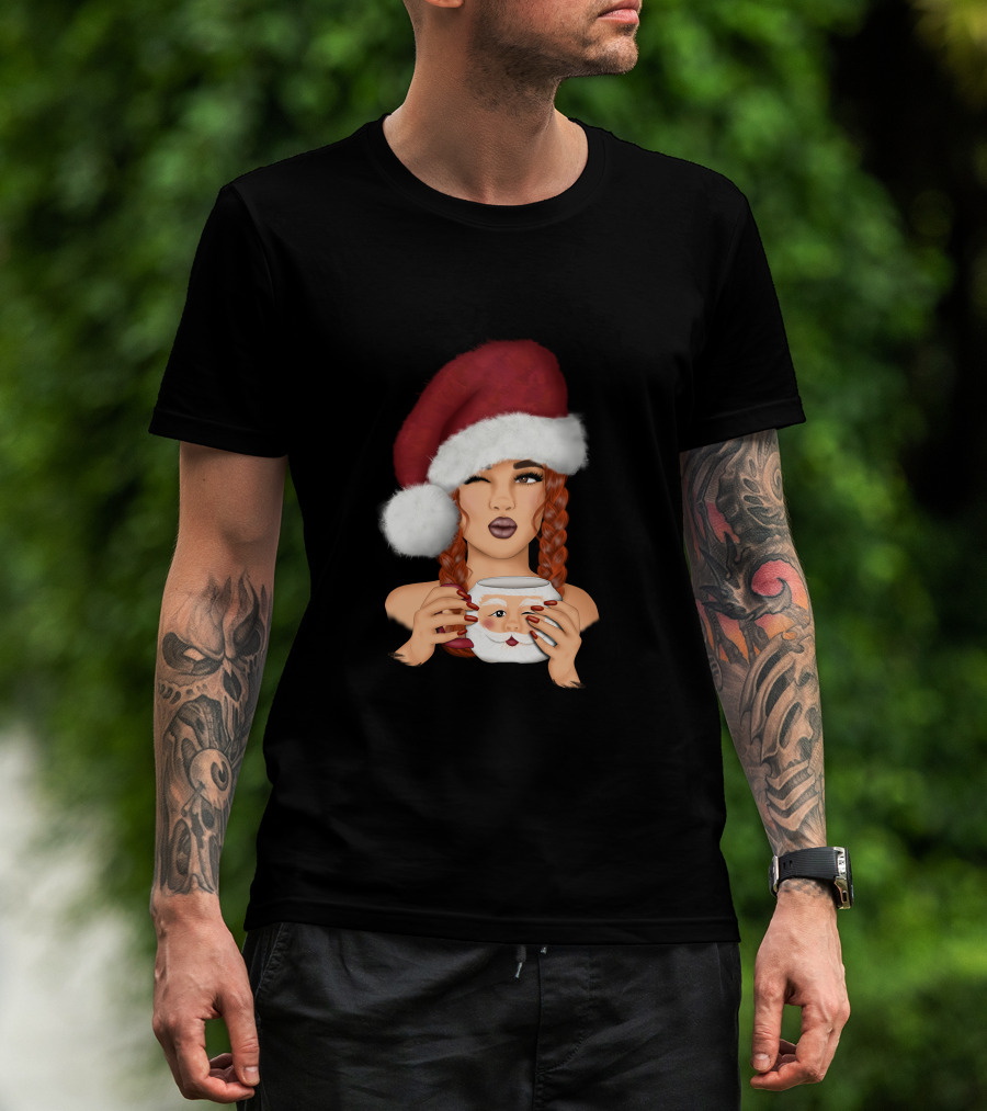 Christmas Red Hair Girl With Santa Hat And Santa Mug T-Shirt