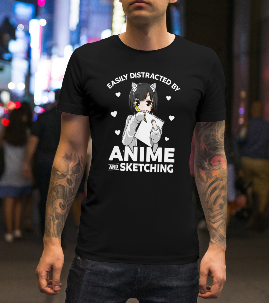Easily Distracted By Anime And Sketching Cute Anime Girl With Sketchbook And Hearts T-Shirt