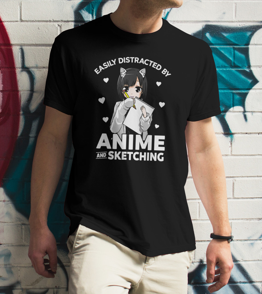 Easily Distracted By Anime And Sketching Cute Anime Girl With Sketchbook And Hearts T-Shirt