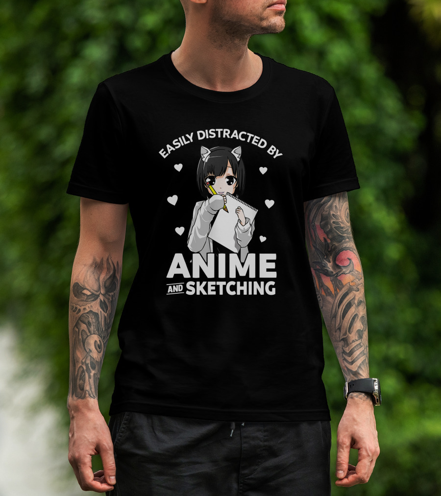 Easily Distracted By Anime And Sketching Cute Anime Girl With Sketchbook And Hearts T-Shirt