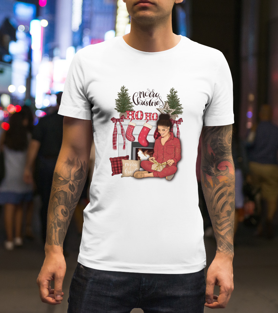 Merry Christmas Ho Ho Ho Girl By Fireplace With Stockings And Christmas Tree Decor T-Shirt