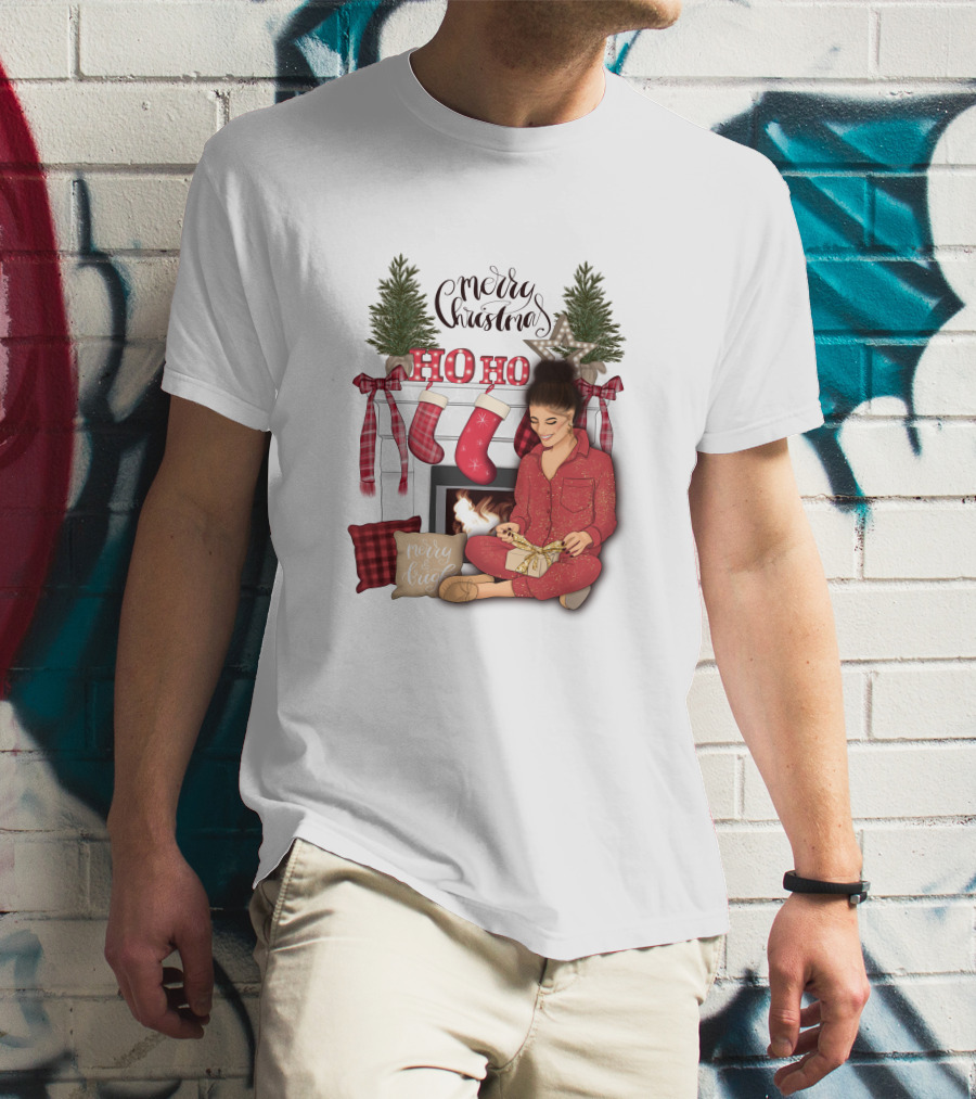 Merry Christmas Ho Ho Ho Girl By Fireplace With Stockings And Christmas Tree Decor T-Shirt