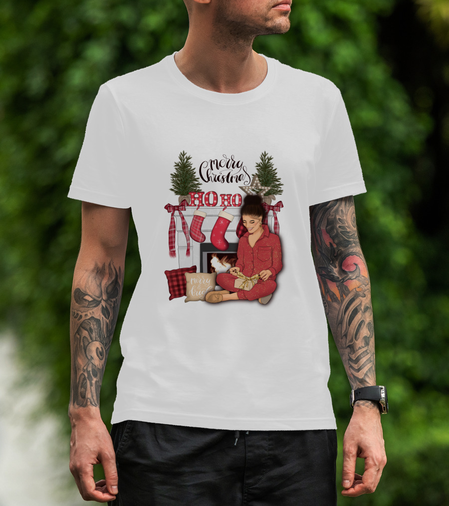 Merry Christmas Ho Ho Ho Girl By Fireplace With Stockings And Christmas Tree Decor T-Shirt