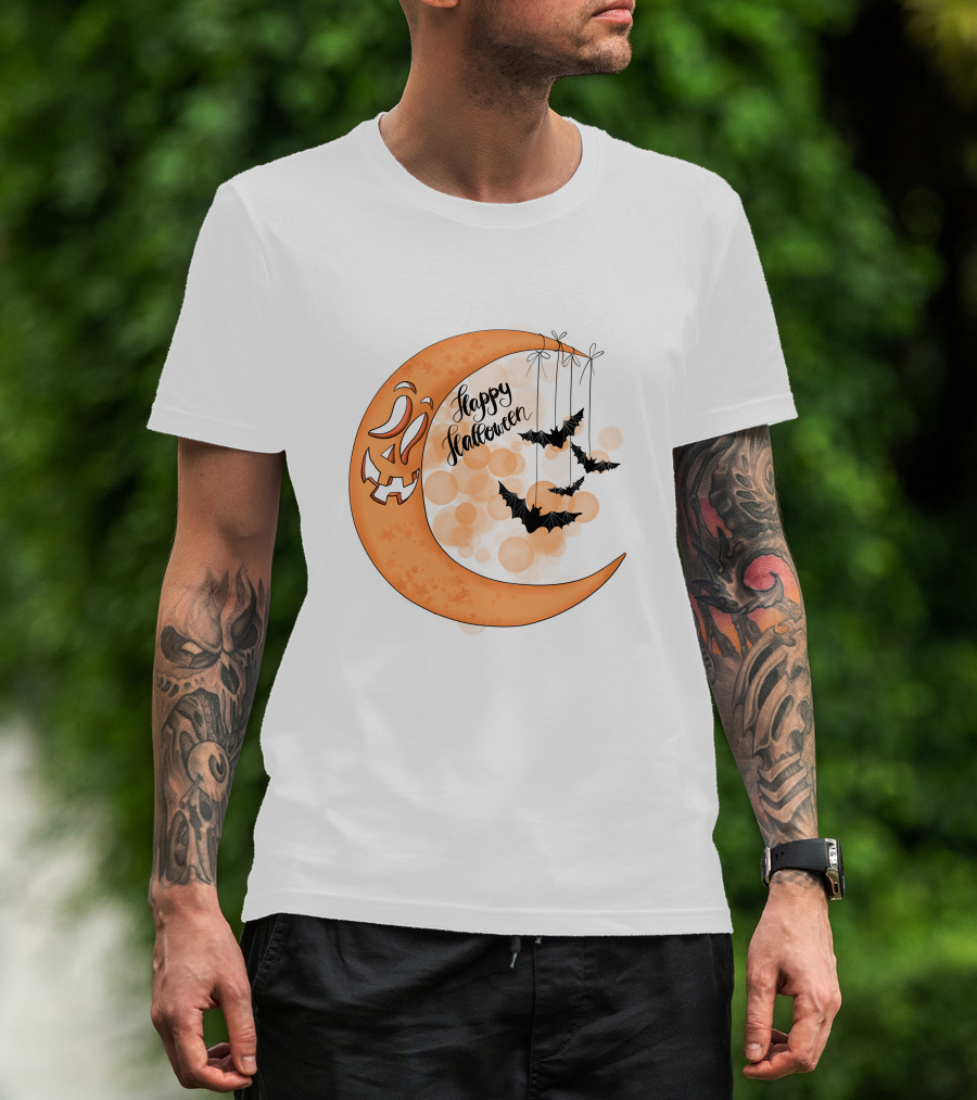 Happy Halloween Moon With Bats And Jack-O'-Lantern Face T-Shirt