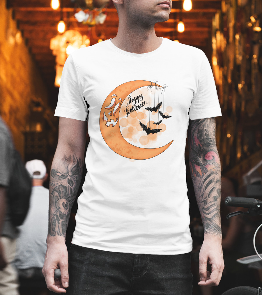Happy Halloween Moon With Bats And Jack-O'-Lantern Face T-Shirt
